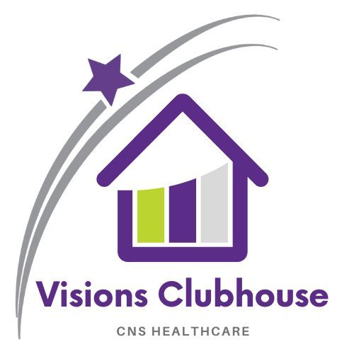 The logo for visions clubhouse cns healthcare shows a house with a bar graph and a star.