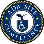 The ada site compliance logo has an eagle and a wheelchair on it.