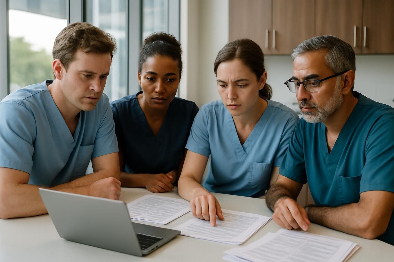 A group of doctors and nurses are looking at a laptop computer.