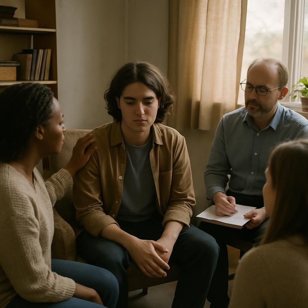 A group of people are sitting in a circle talking to each other.