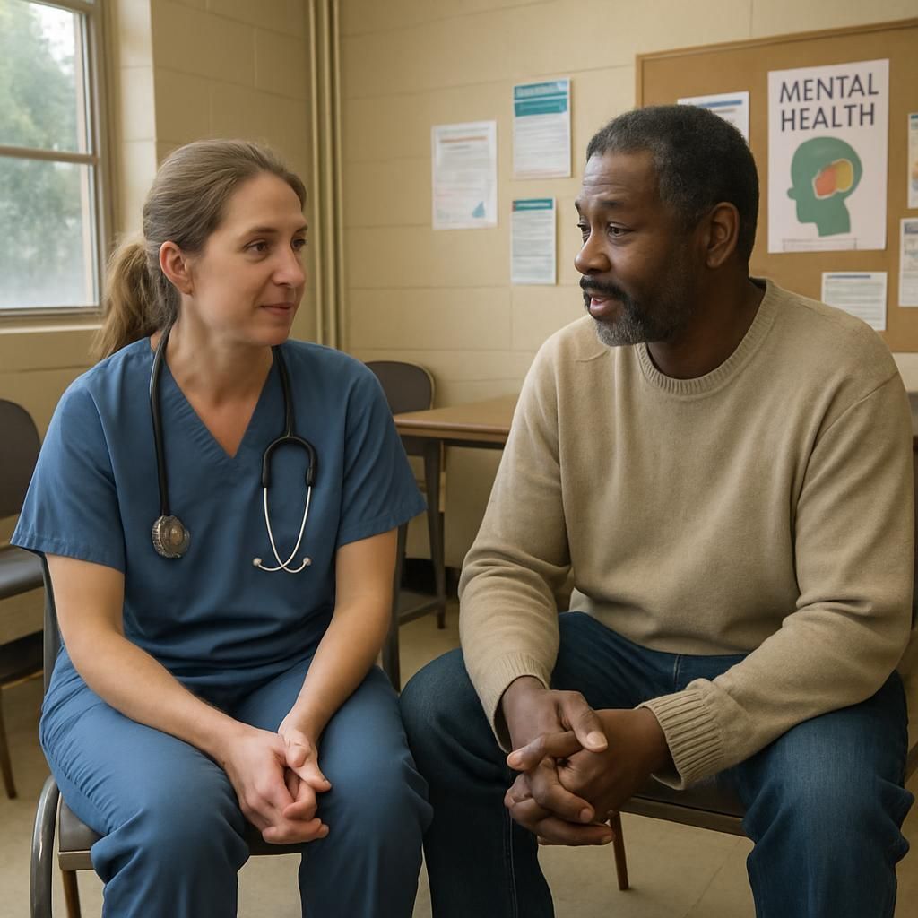 A man and a woman are sitting in front of a bulletin board that says mental health
