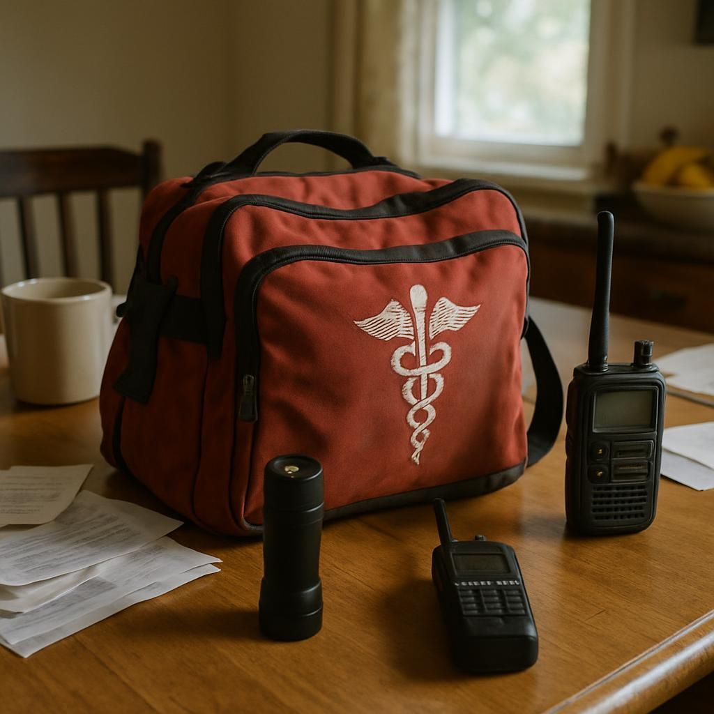 A red mobile crisis bag sits on a table