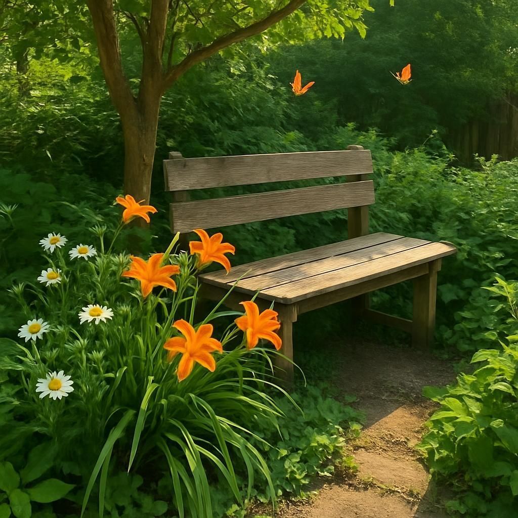 A wooden bench surrounded by flowers and butterflies in a garden