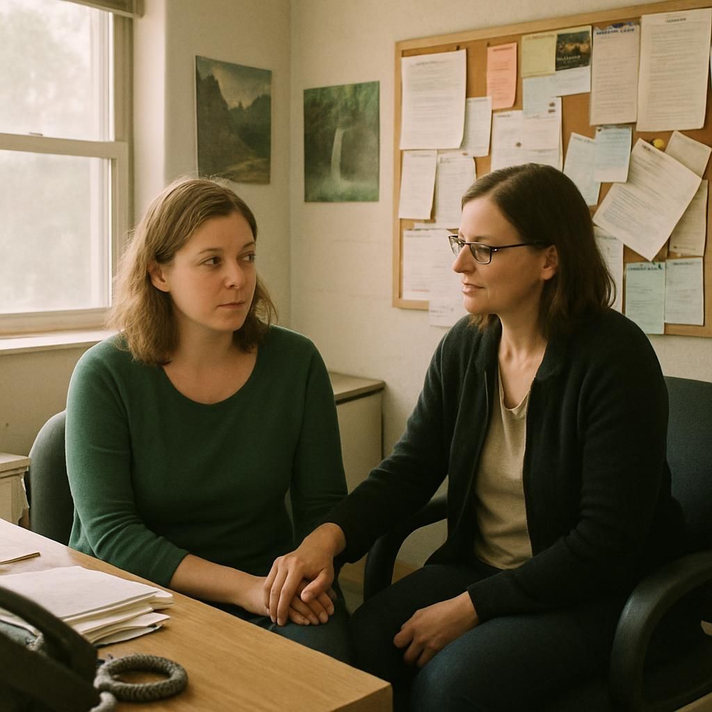 Two women are sitting at a desk talking to each other