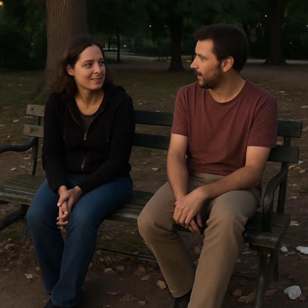 A man and a woman are sitting on a park bench