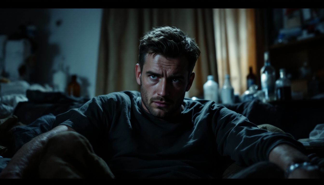 A man is sitting on the floor in a dark room looking at the camera.