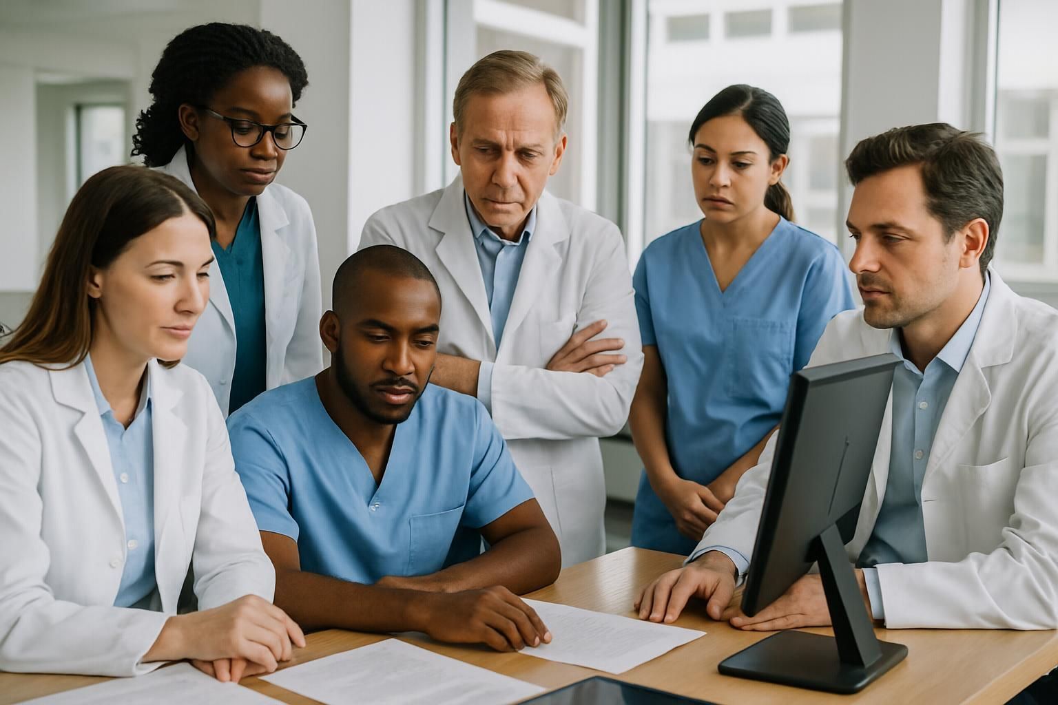 A group of doctors and nurses are looking at a computer screen.