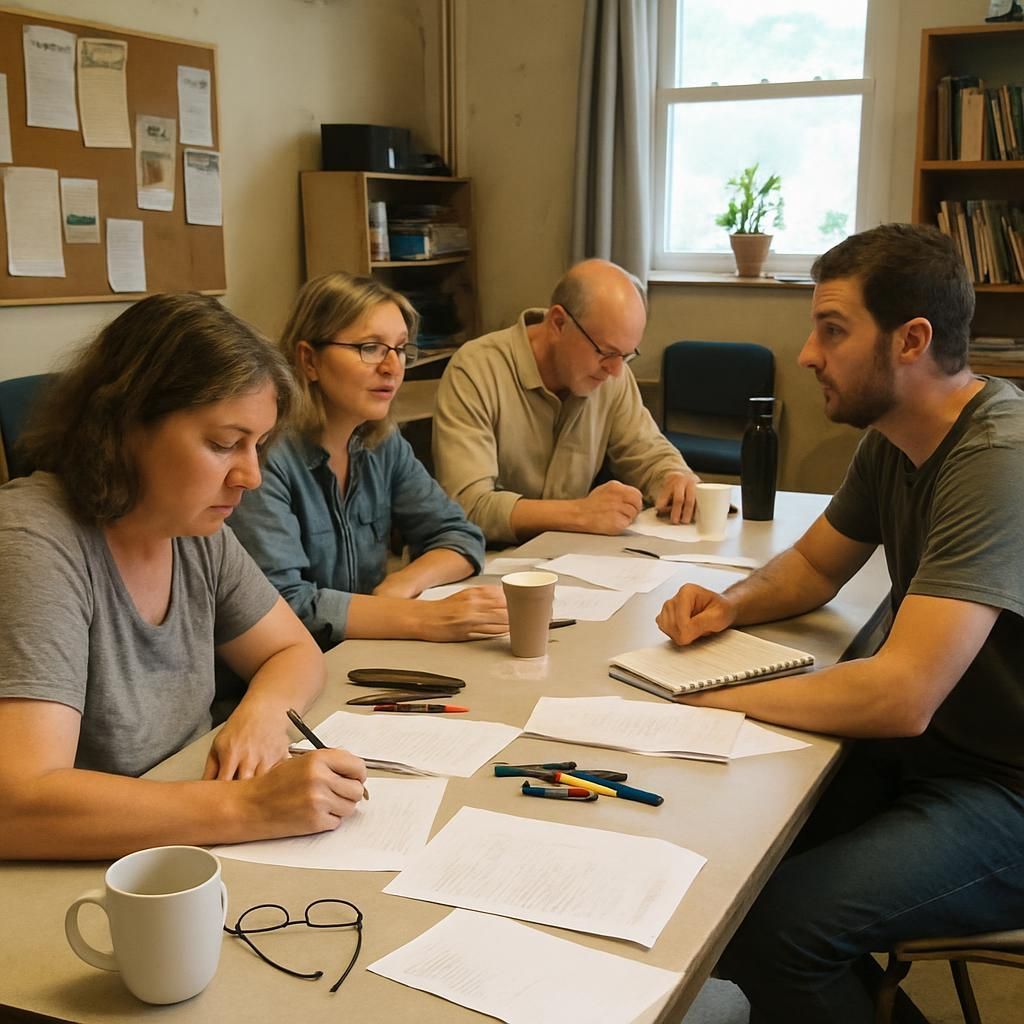 A group of people are sitting around a table working on papers