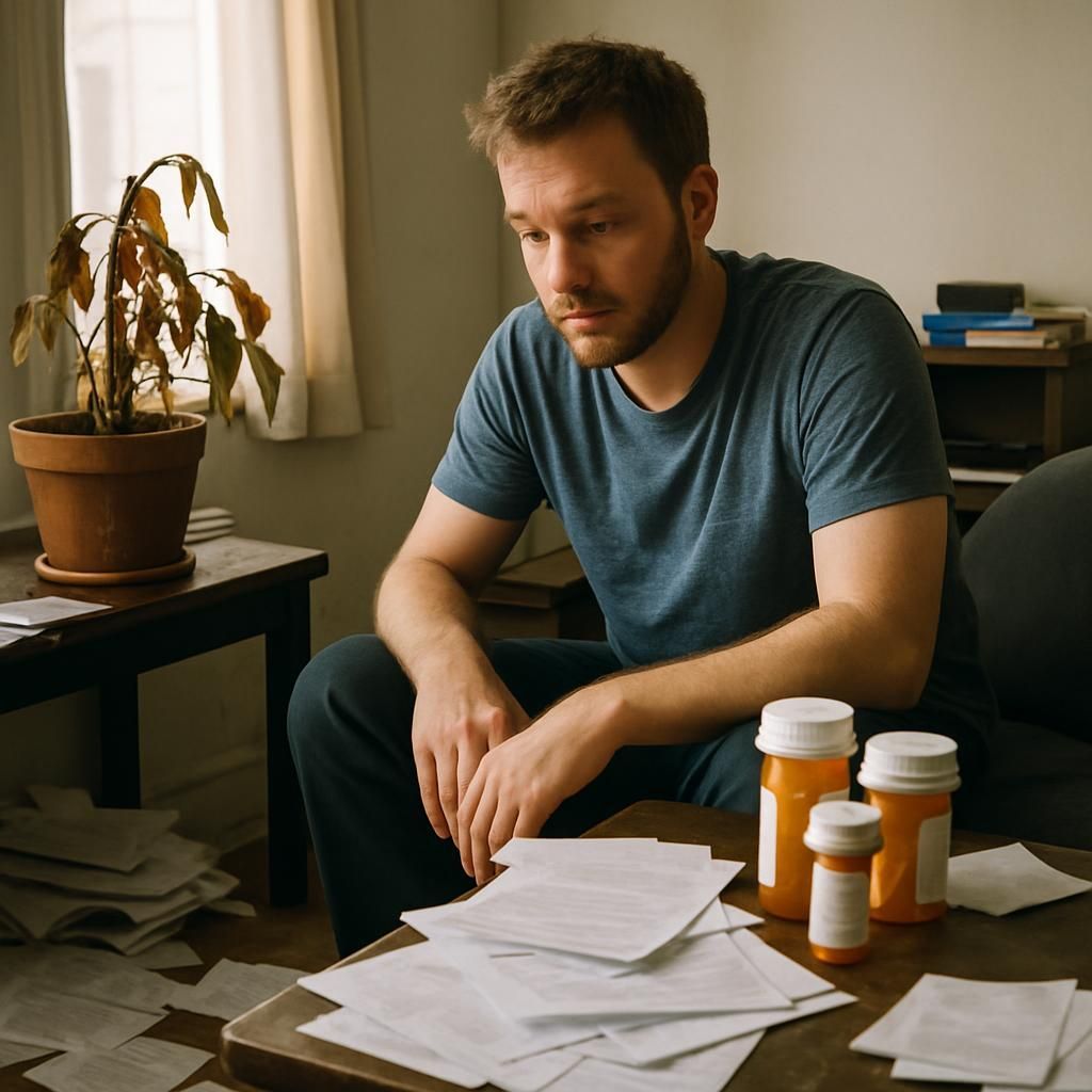 A man is sitting at a table with bottles of pills on it