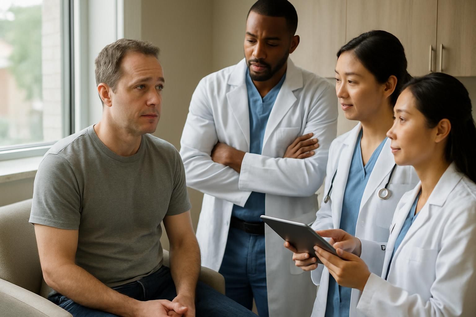 A group of doctors are looking at a tablet while talking to a patient.