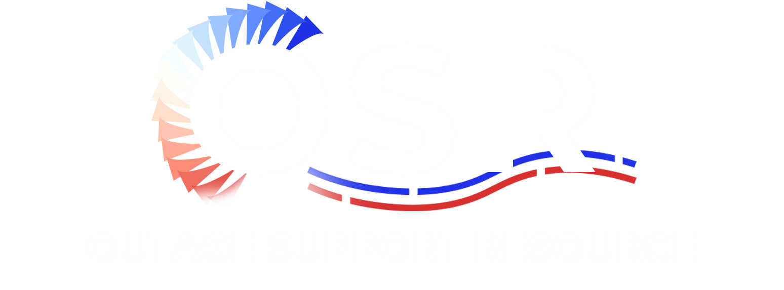 A red , white and blue circle on a white background.