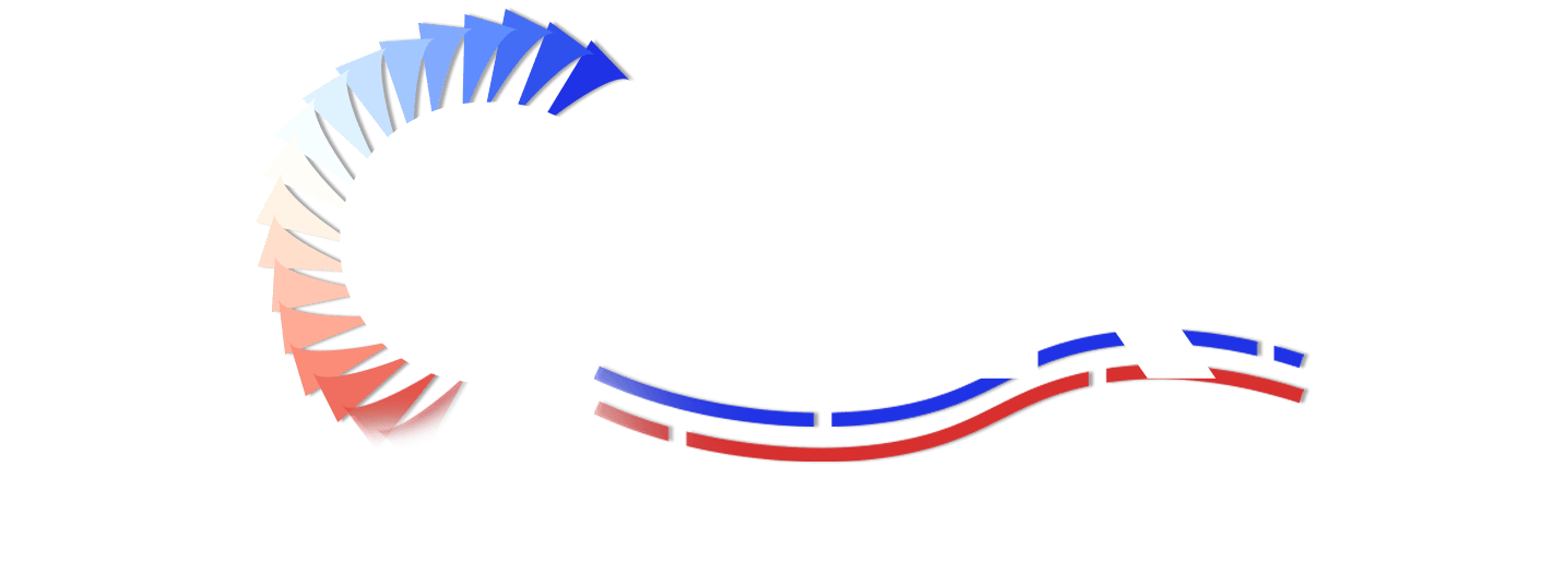 A red , white and blue circle on a white background.