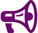 Un'icona a forma di megafono viola su sfondo bianco.