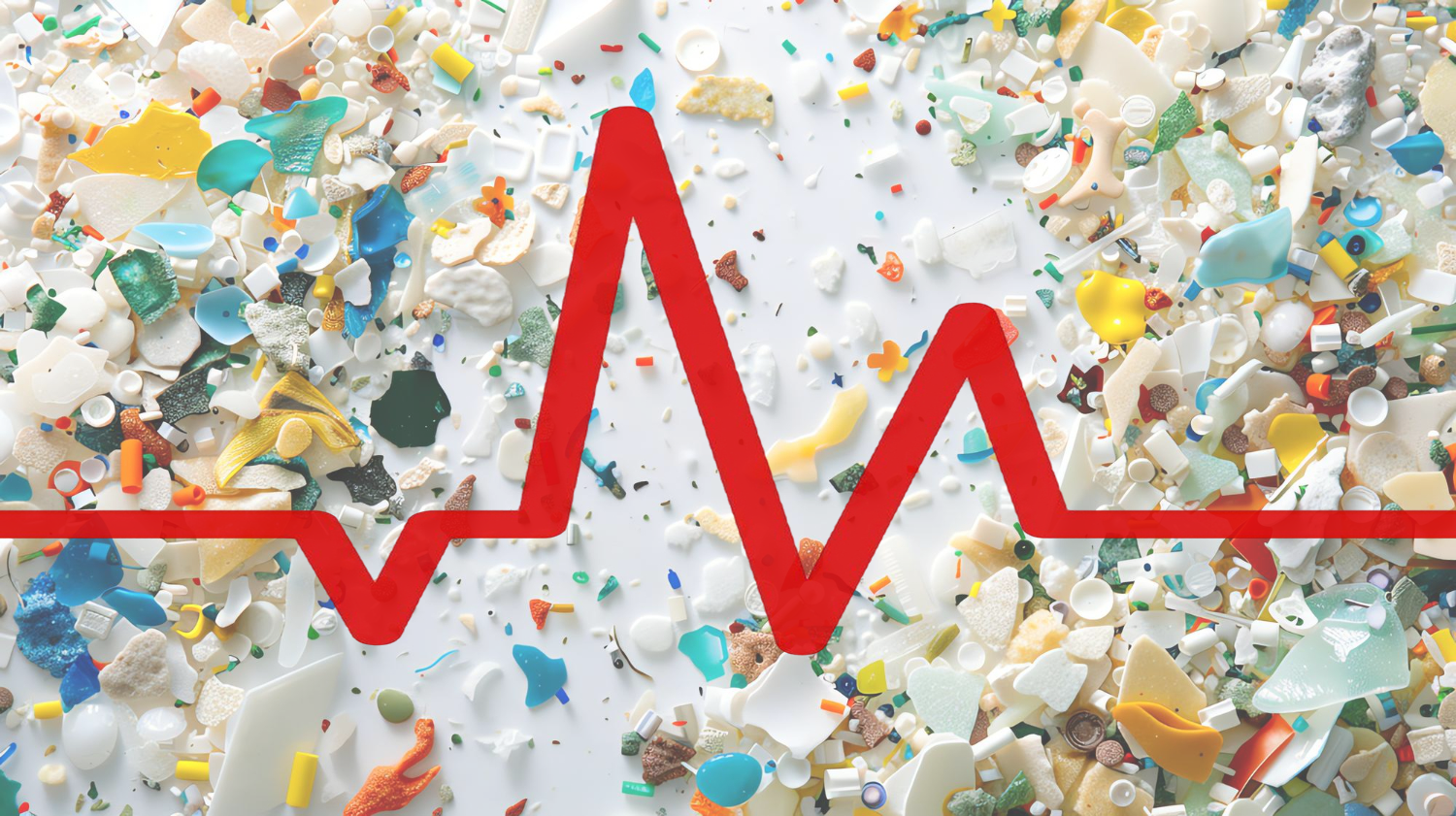 EKG Heartbeat line over thousands of pieces of microplastics