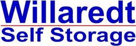 Willaredt Self Storage logo in blue text with a brown horizontal line and white background.