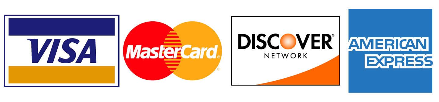 Logos of payment methods: Visa, Mastercard, Discover, and American Express.