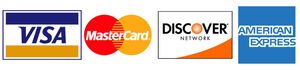 Logos of payment methods: Visa, Mastercard, Discover, and American Express.