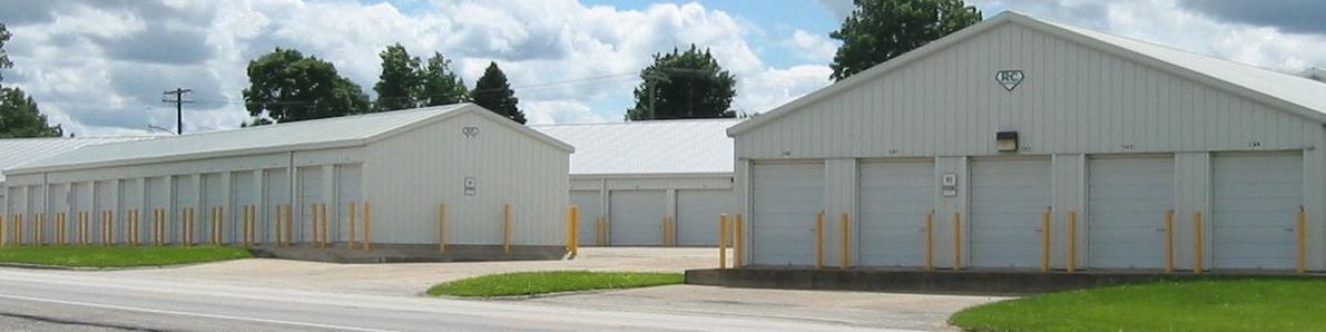 Storage units with white metal doors and roofs, on a cloudy day.
