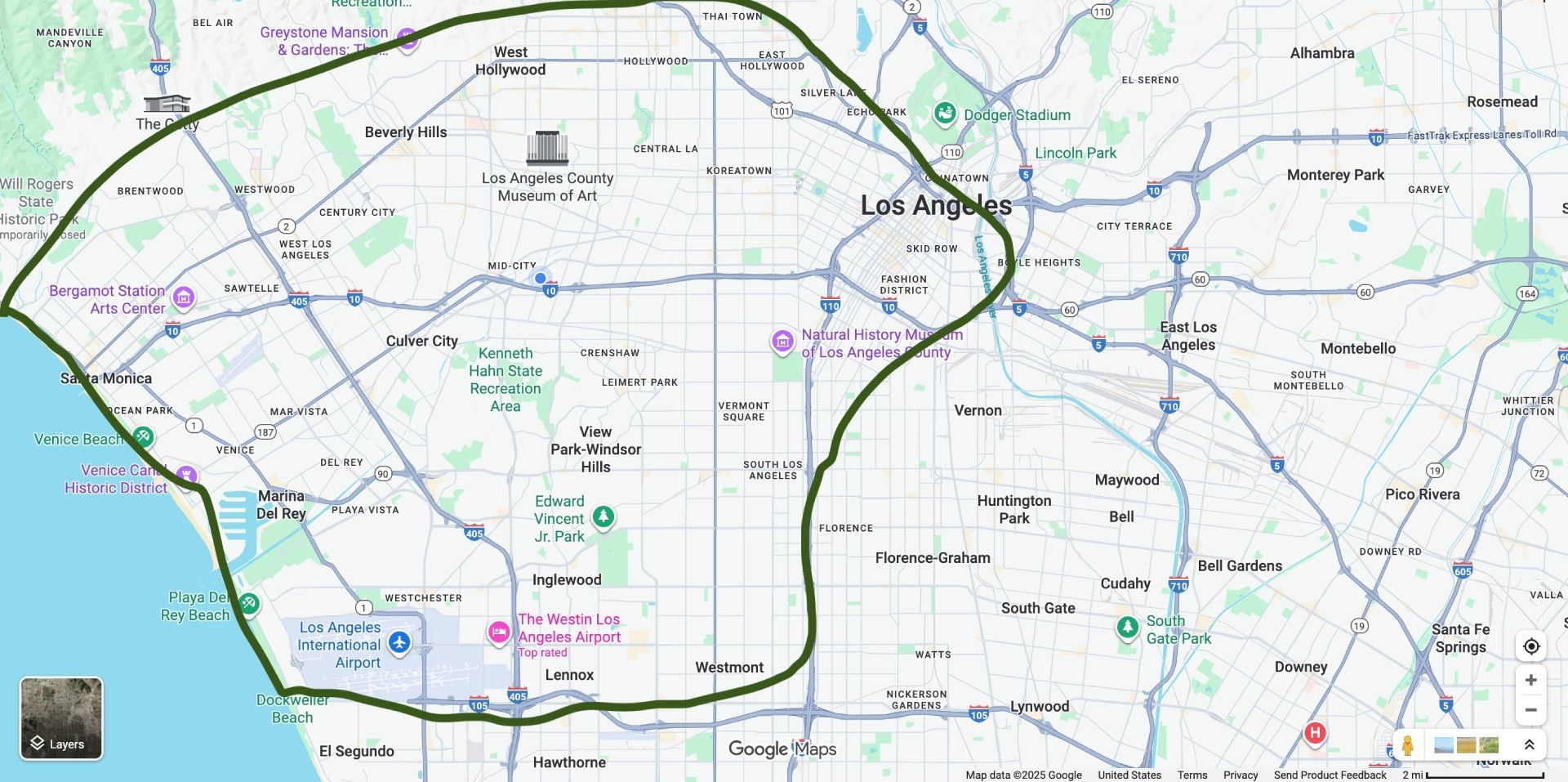 Map of Los Angeles County, California, showing a green outline and various place names.
