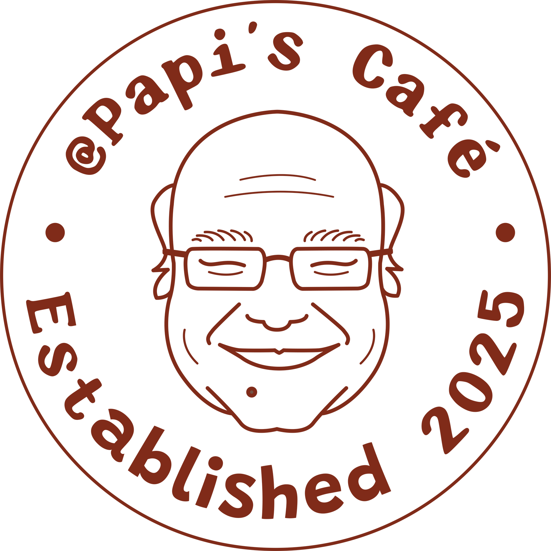 Brown circular logo: smiling man wearing glasses,