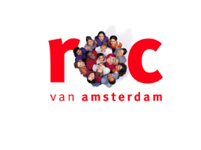 Het logo van ROC van Amsterdam met een groep diverse gezichten in de 