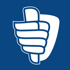 Witte duim omhoog op een blauwe achtergrond.