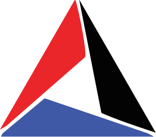 Red, black, and blue triangle logo with rounded corners, pointing upwards.