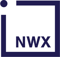 Blue logo with a square frame, a dot at the top, and "NWX" in the center.