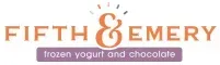 Logo for Fifth & Emery frozen yogurt and chocolate, with orange text and a lavender bar.