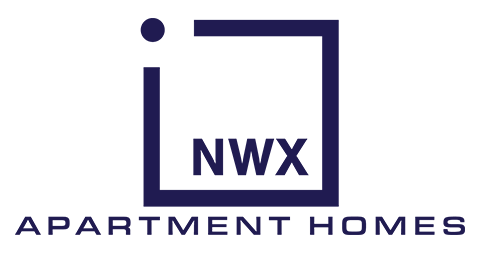 Logo for NWX Apartment Homes: blue square with "NWX" inside, small circle above the left side, "APARTMENT HOMES" below.