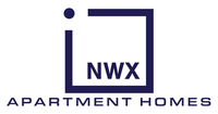 Logo for NWX Apartment Homes: blue square with "NWX" inside, small circle above the left side, "APARTMENT HOMES" below.