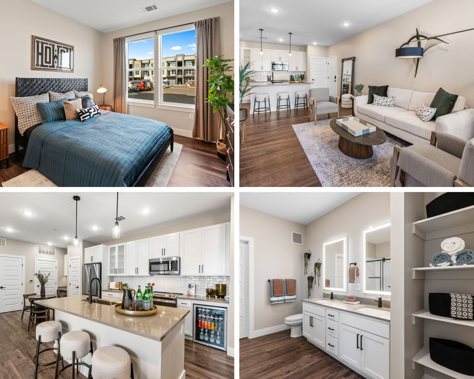 Modern kitchen with white cabinets, island with stools, and built-in refrigerator.