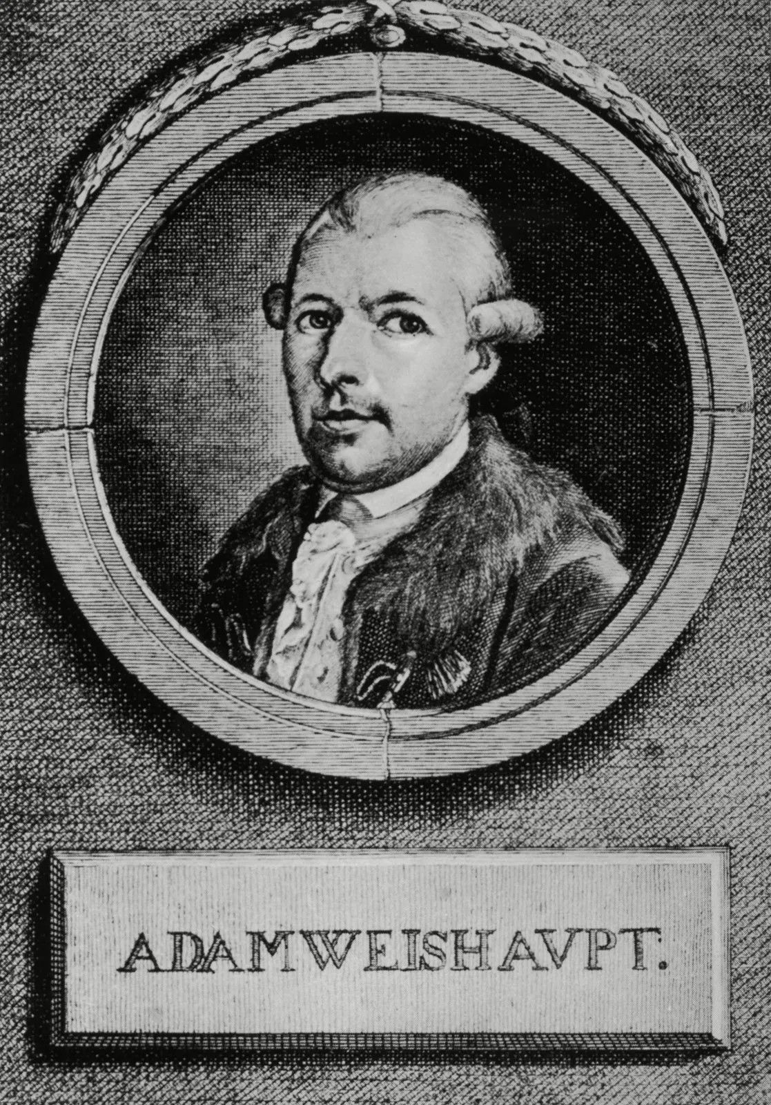 A woodcarving portrait of Adam Weishaupt. He is wearing a powdered wig, cravat, and coat with a fur collar.