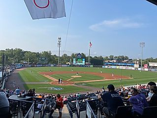 A view of a baseball field from the stands.