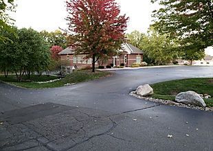 A brick house is surrounded by trees and a driveway.