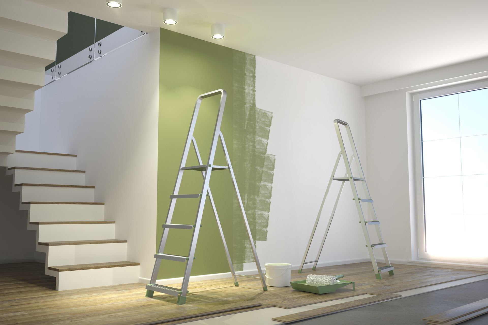 Interior painting in progress: ladders, partially painted wall, green paint, stairs.