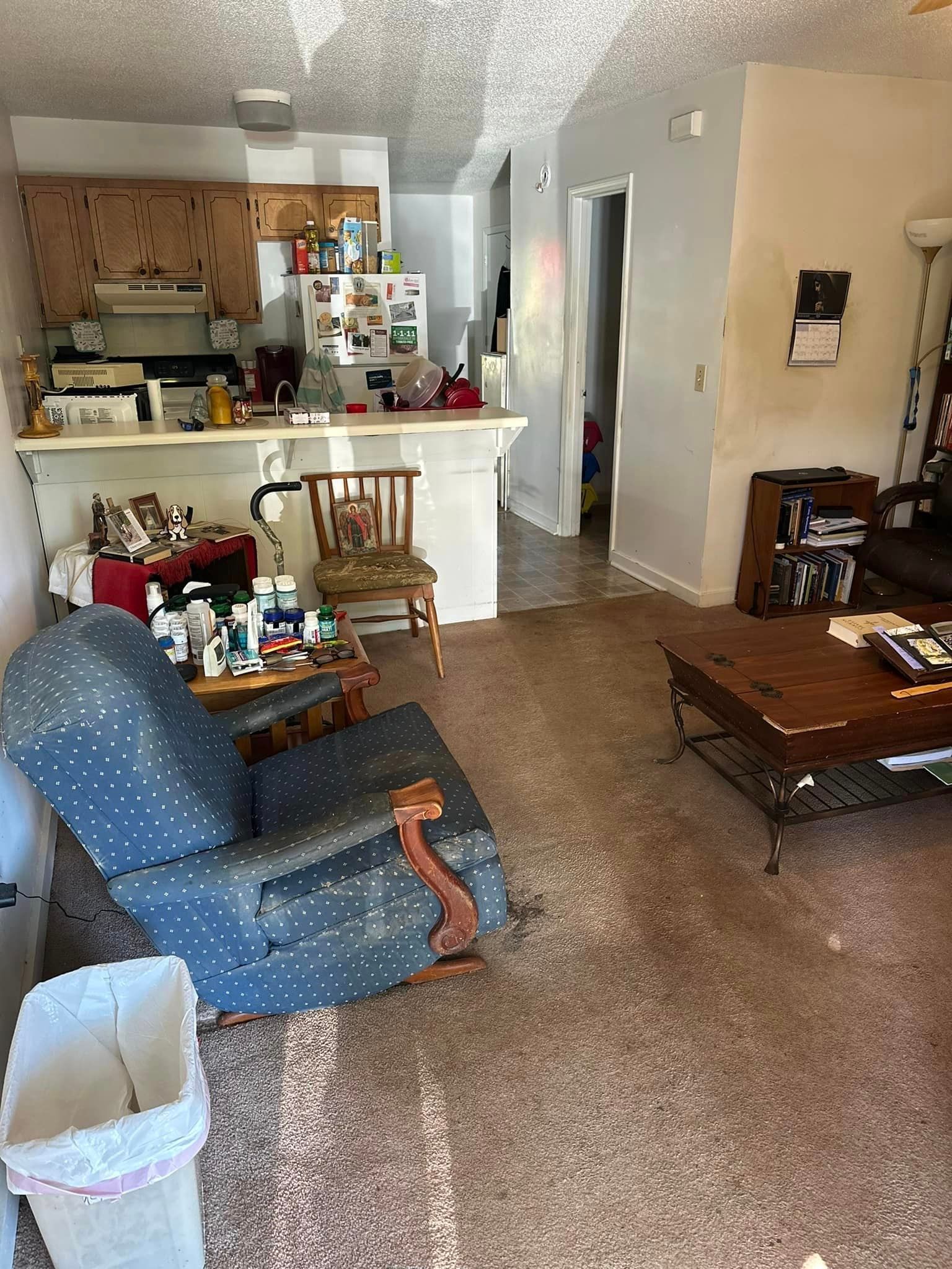 A living room filled with furniture and a trash can.