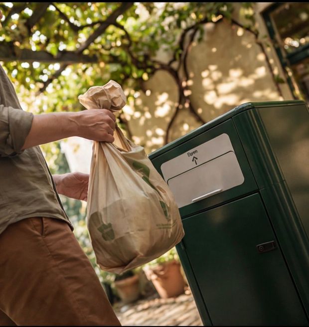 Person placing a ORGANIC bag into a green guardian BIO-BIN outdoor 