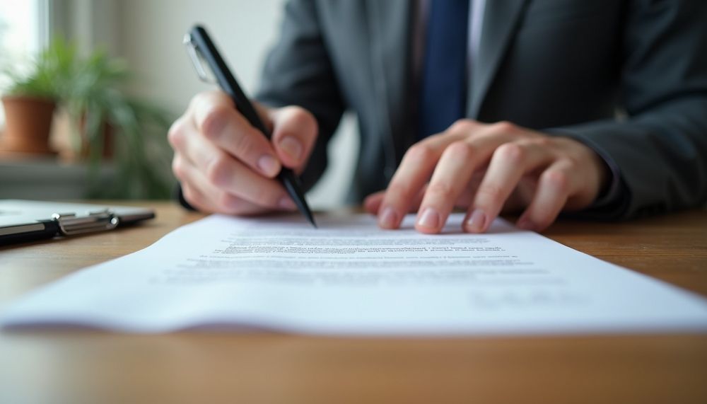 Person in a Suit Signing a Document at a Wooden Table With a Pen — Wingman Conveyancing in Woodroffe, NT