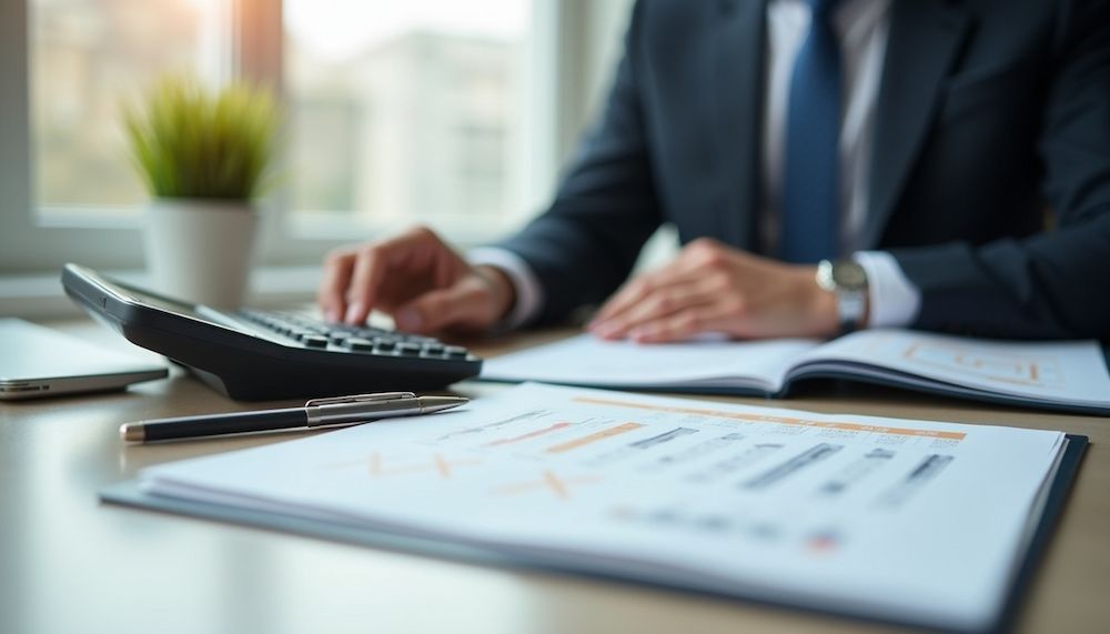 Man in Suit Using a Calculator, Reviewing Financial Reports — Wingman Conveyancing in Woodroffe, NT