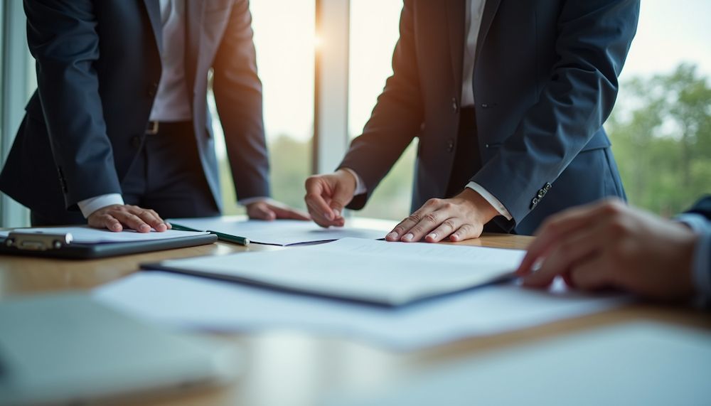 Businesspeople in Suits Reviewing Documents at a Table Near a Window — Wingman Conveyancing in Woodroffe, NT