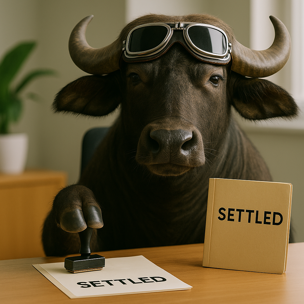 Buffalo with Goggles stamping a paper with settled— Wingman Conveyancing in Woodroffe, NT