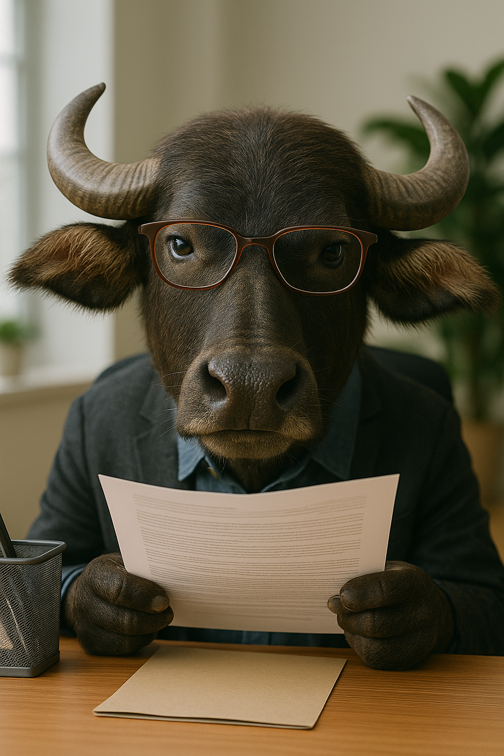 Buffalo with Glasses Holding Paper — Wingman Conveyancing in Alice Springs, NT