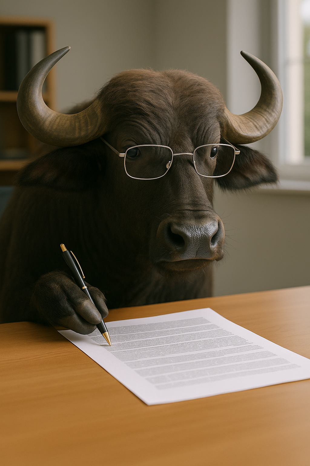 A Buffalo Signing papers with Glasses On — Wingman Conveyancing in Howard Springs, NT