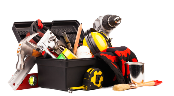 a toolbox filled with tools and a drill on a white background