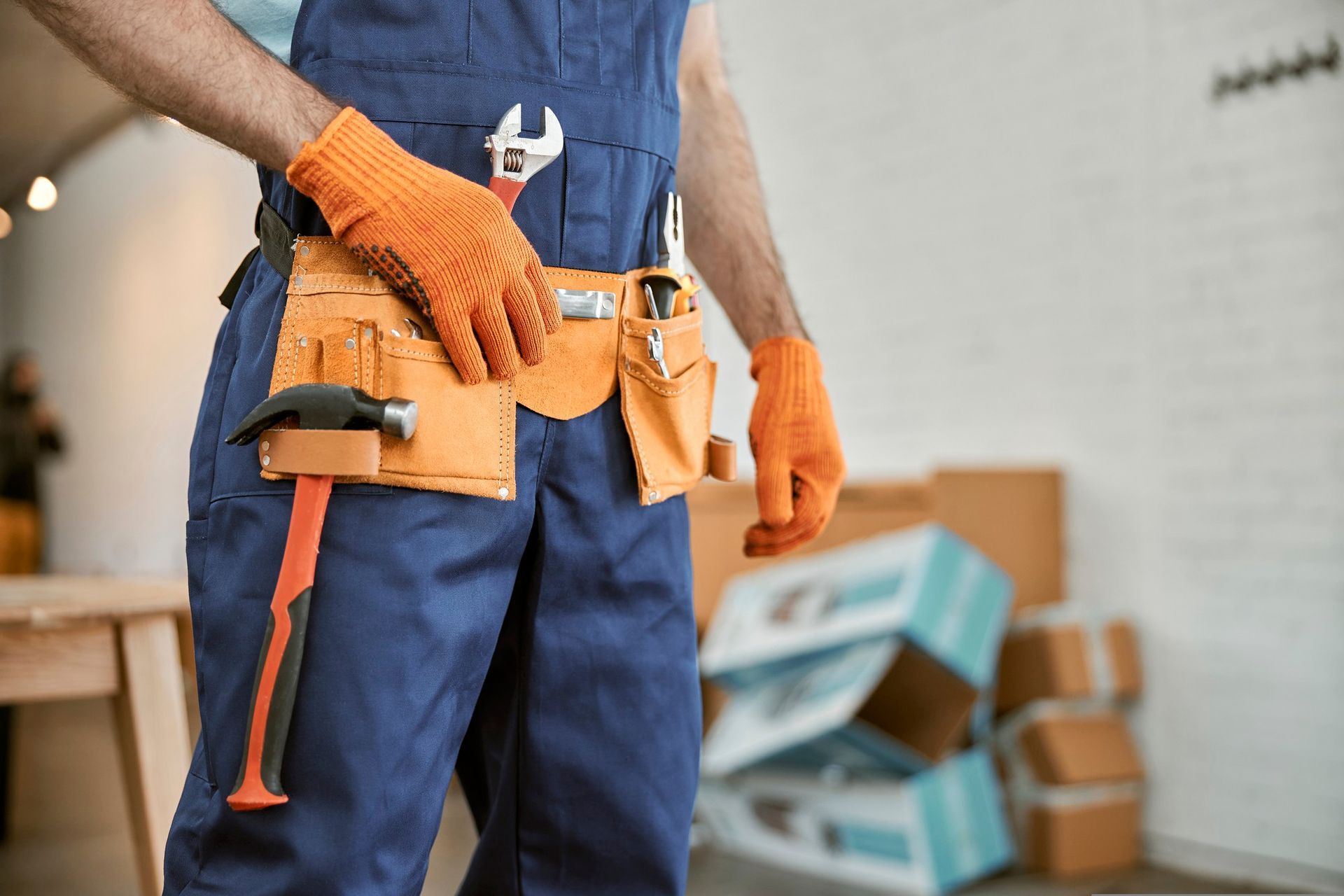 a man wearing blue overalls and orange gloves is holding a hammer and wrench