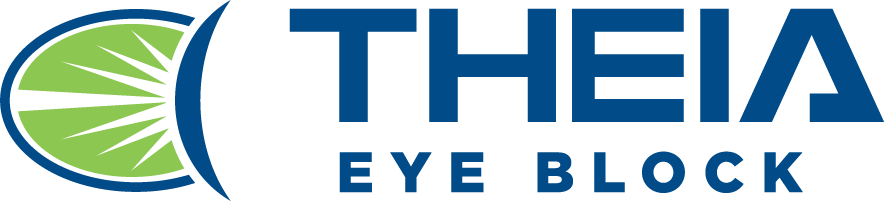 A blue and green logo for theia eye block