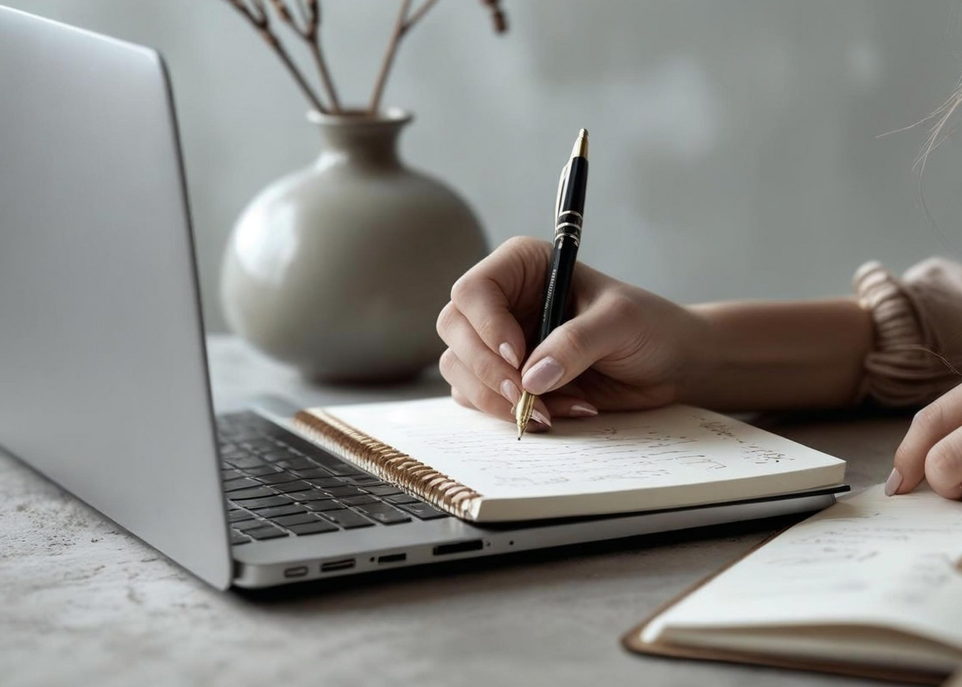 A person is writing in a notebook in front of a laptop computer.