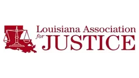 Logo for Louisiana Association for Justice, scales of justice over a Louisiana outline in red.