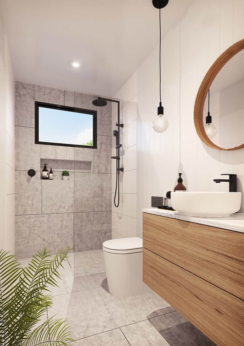 Modern bathroom with tiled shower, floating wood vanity, round mirror, and pendant lights — WJG Built in Wollongbar, NSW